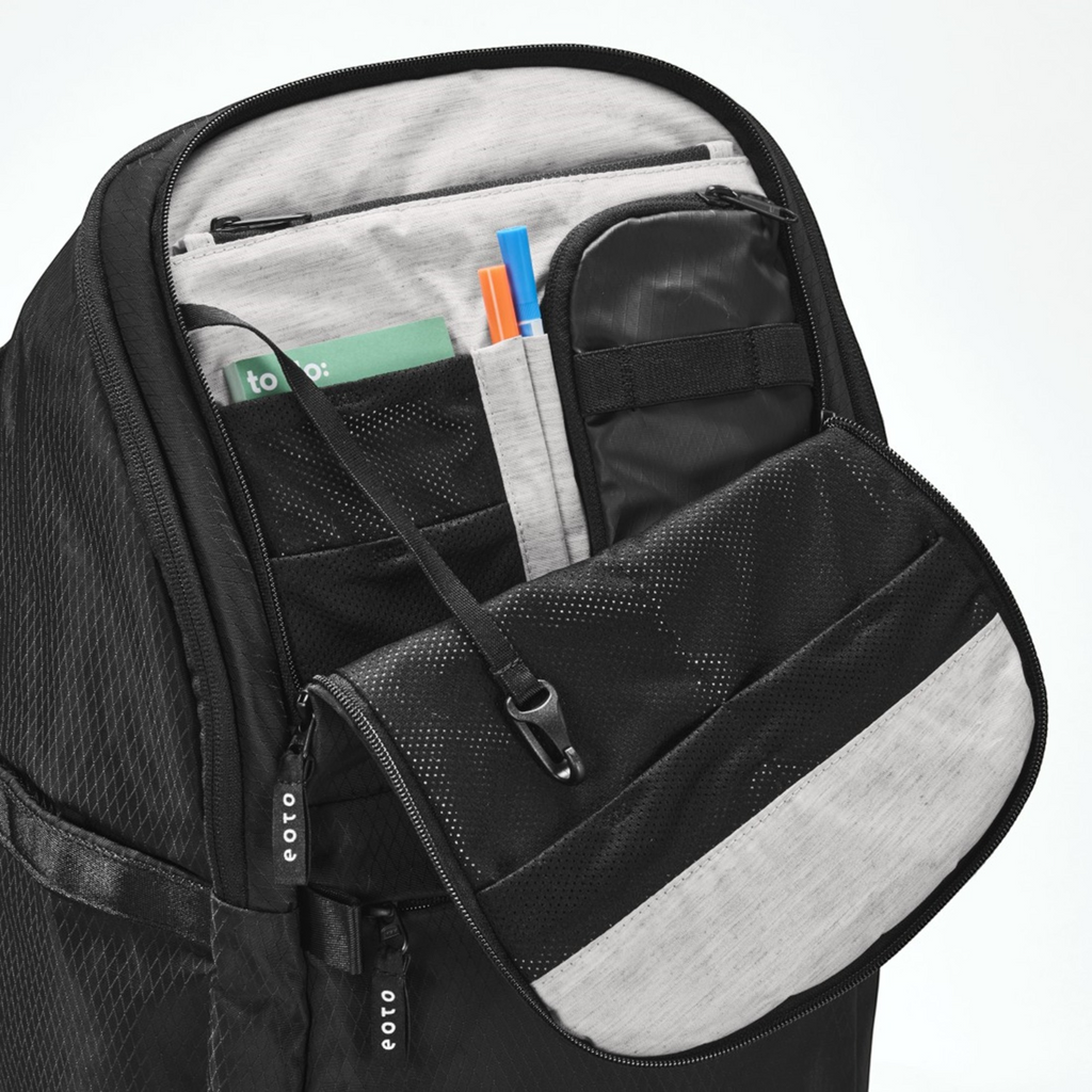 Lieblingstasche eoto Easy27 black backpack showing the open front organizer compartment with mesh pockets and pen slots