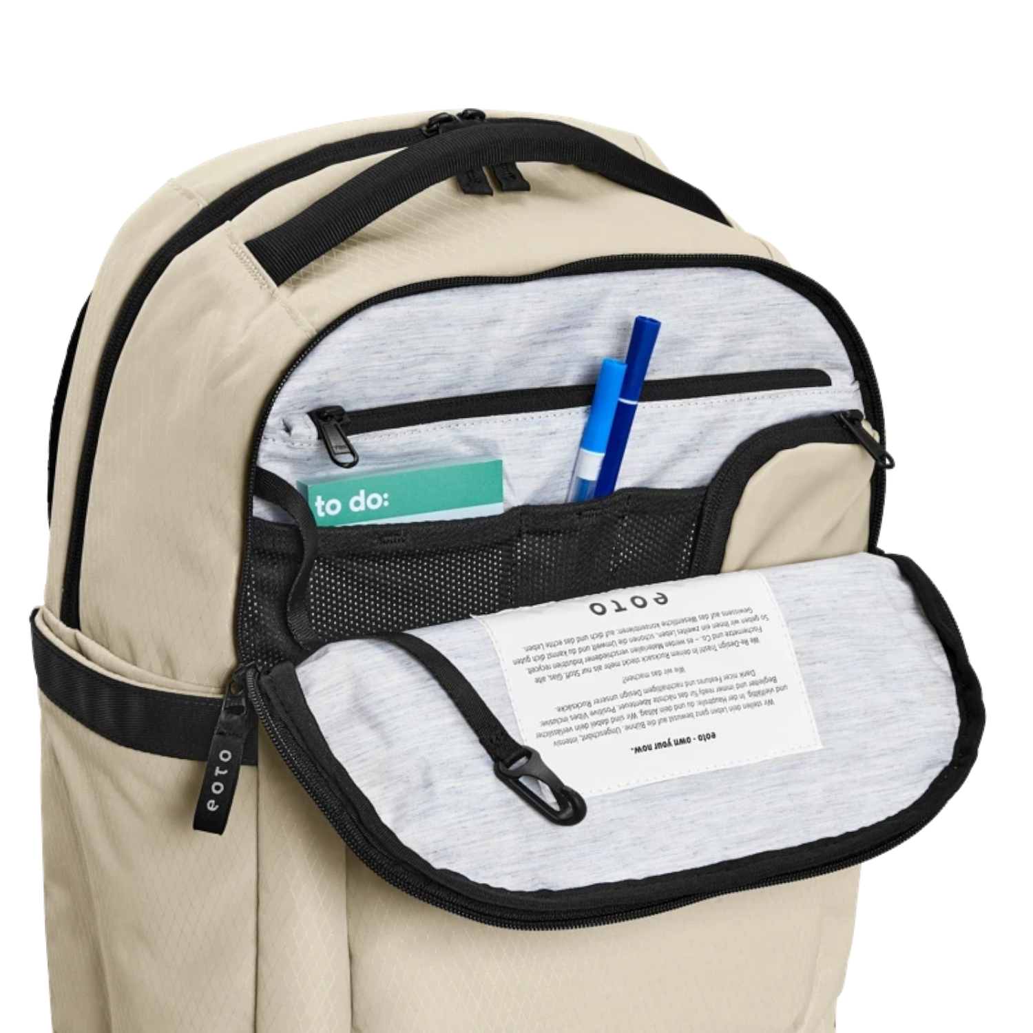 Lieblingstasche eoto Midi20 beige city backpack with open front organizer compartment and internal mesh pockets