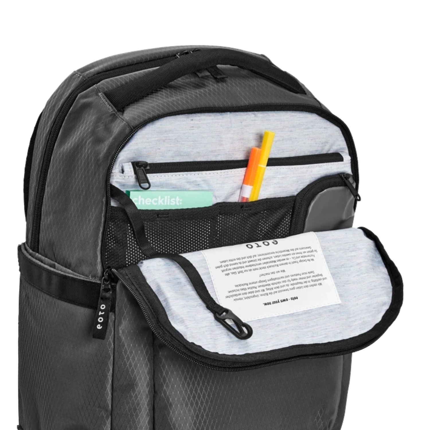 Lieblingstasche eoto Midi20 grey backpack with open front organizer pocket showing internal compartments and mesh