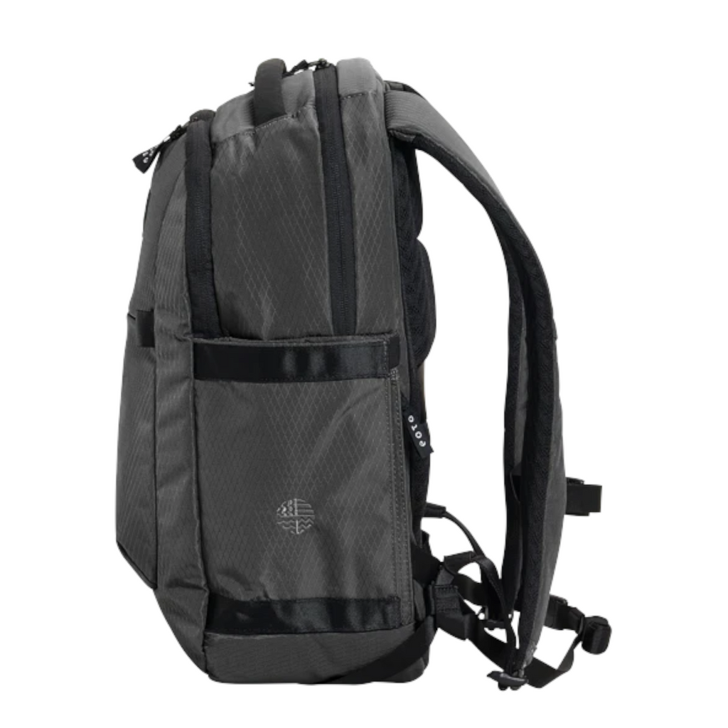 Lieblingstasche eoto Midi20 grey city backpack with side view, featuring recycled material and padded shoulder straps.