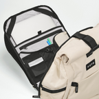 Lieblingstasche eoto Rolly32 beige rolltop backpack with open main compartment showing laptop sleeve and organizers