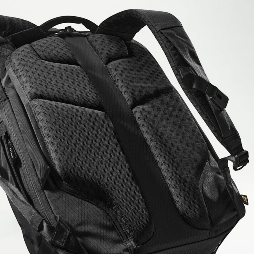 Lieblingstasche eoto Rolly32 black rolltop backpack showing the breathable padded back panel and shoulder straps