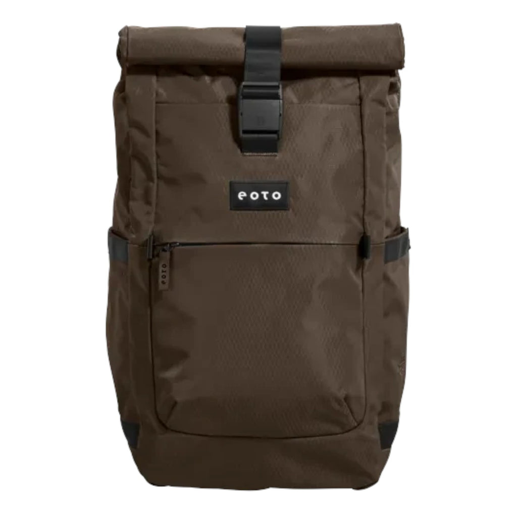 Lieblingstasche eoto Rolly32 brown rolltop backpack made from recycled materials with front zip pocket