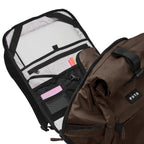 Lieblingstasche eoto Rolly32 brown rolltop backpack with open main compartment showing laptop sleeve and organizers