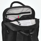 Lieblingstasche eoto Small16 black daypack with open main compartment showing interior organizer pockets and laptop sleeve