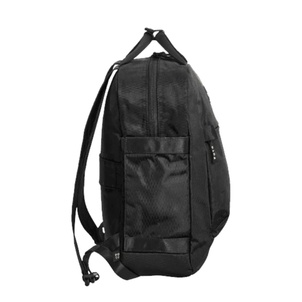 Lieblingstasche eoto Small16 black compact daypack with side pockets and top carry handles, side view