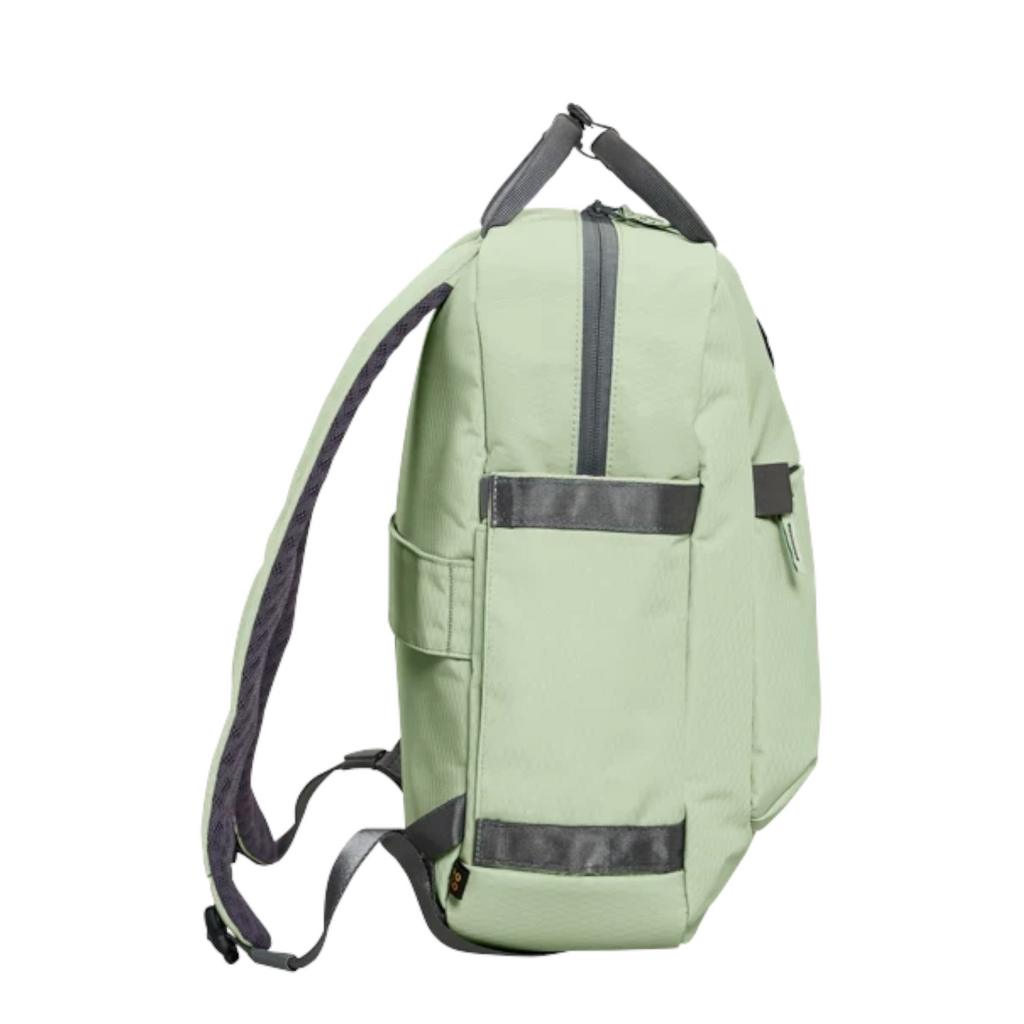 Lieblingstasche eoto Small16 daypack in sage green with side view, featuring recycled water-resistant fabric.