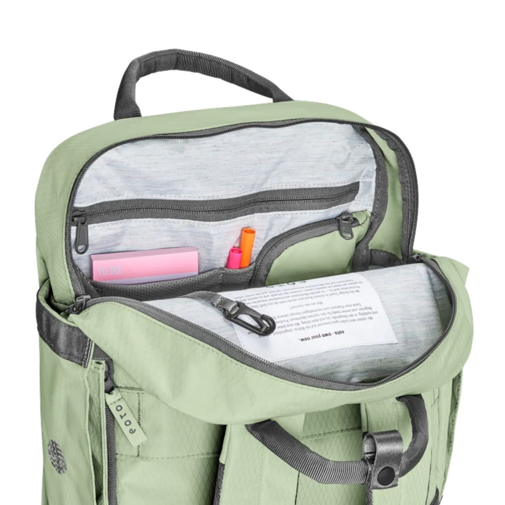 Lieblingstasche eoto Small16 sage green daypack with open main compartment showing internal organizer pockets