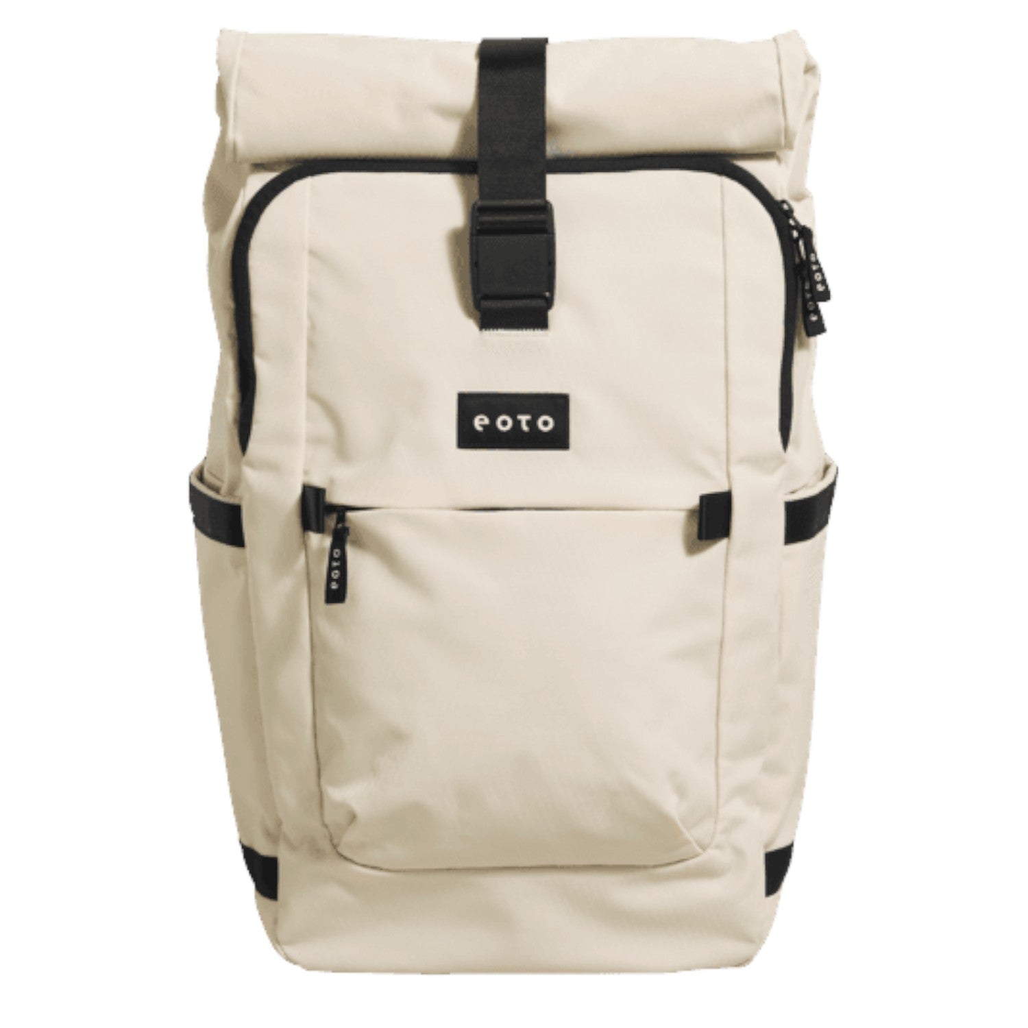 Lieblingstasche eoto Tall41 beige rolltop travel backpack with black straps and multiple storage compartments