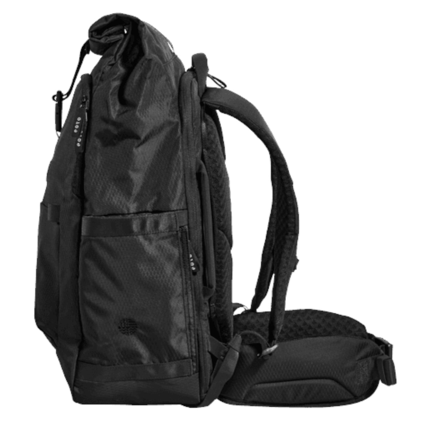 Lieblingstasche eoto Tall41 black rolltop travel backpack with side view, padded straps, and hip belt.