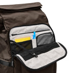 Lieblingstasche eoto Tall41 brown rolltop backpack showing the open front organizer compartment with mesh pockets