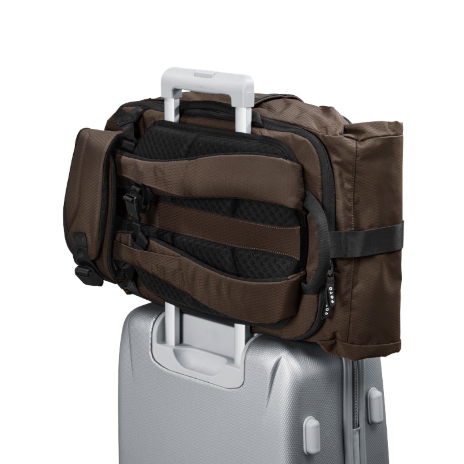 Lieblingstasche eoto Tall41 brown rolltop travel backpack with trolley sleeve attached to a silver suitcase