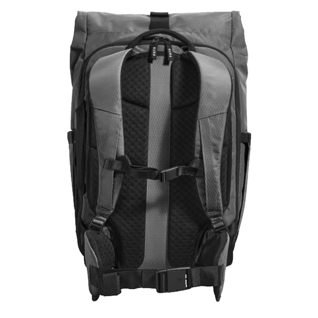 Lieblingstasche eoto Tall41 grey rolltop travel backpack showing padded shoulder straps and breathable back panel