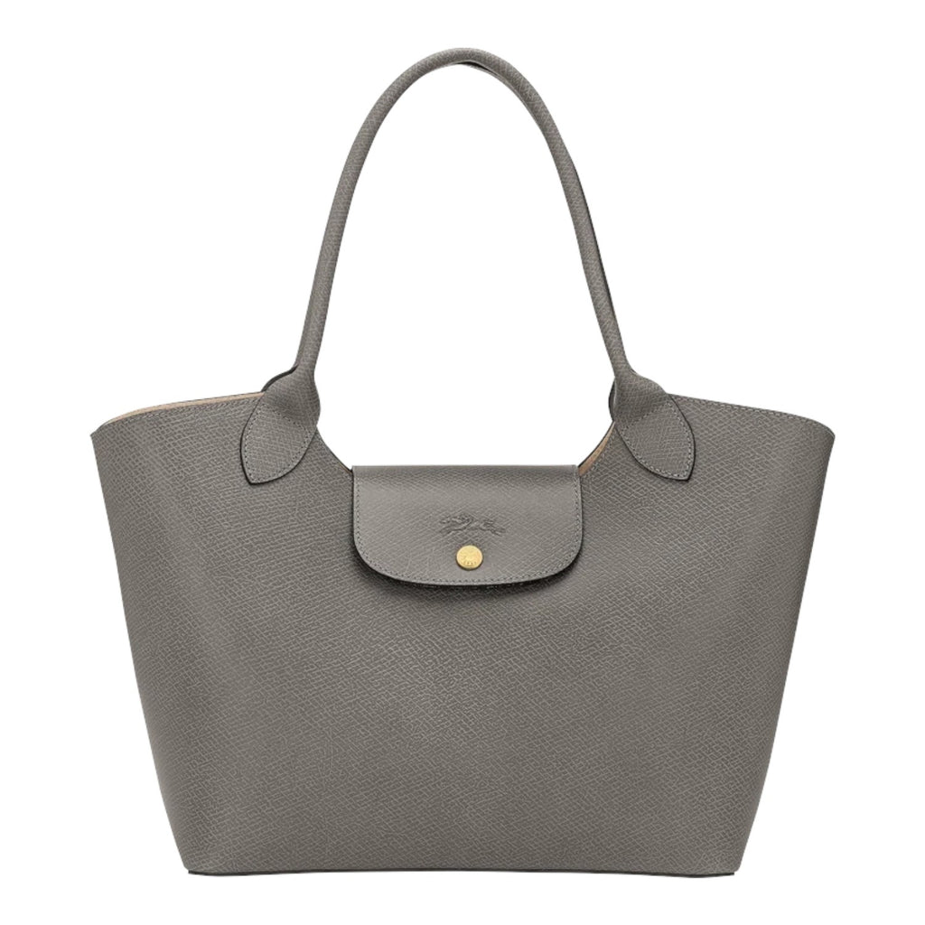 Lieblingstasche Epure Schultertasche L in grey grained leather with a gold-tone snap button closure.
