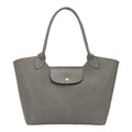 Lieblingstasche Epure Schultertasche L in grey grained leather with a gold-tone snap button closure.