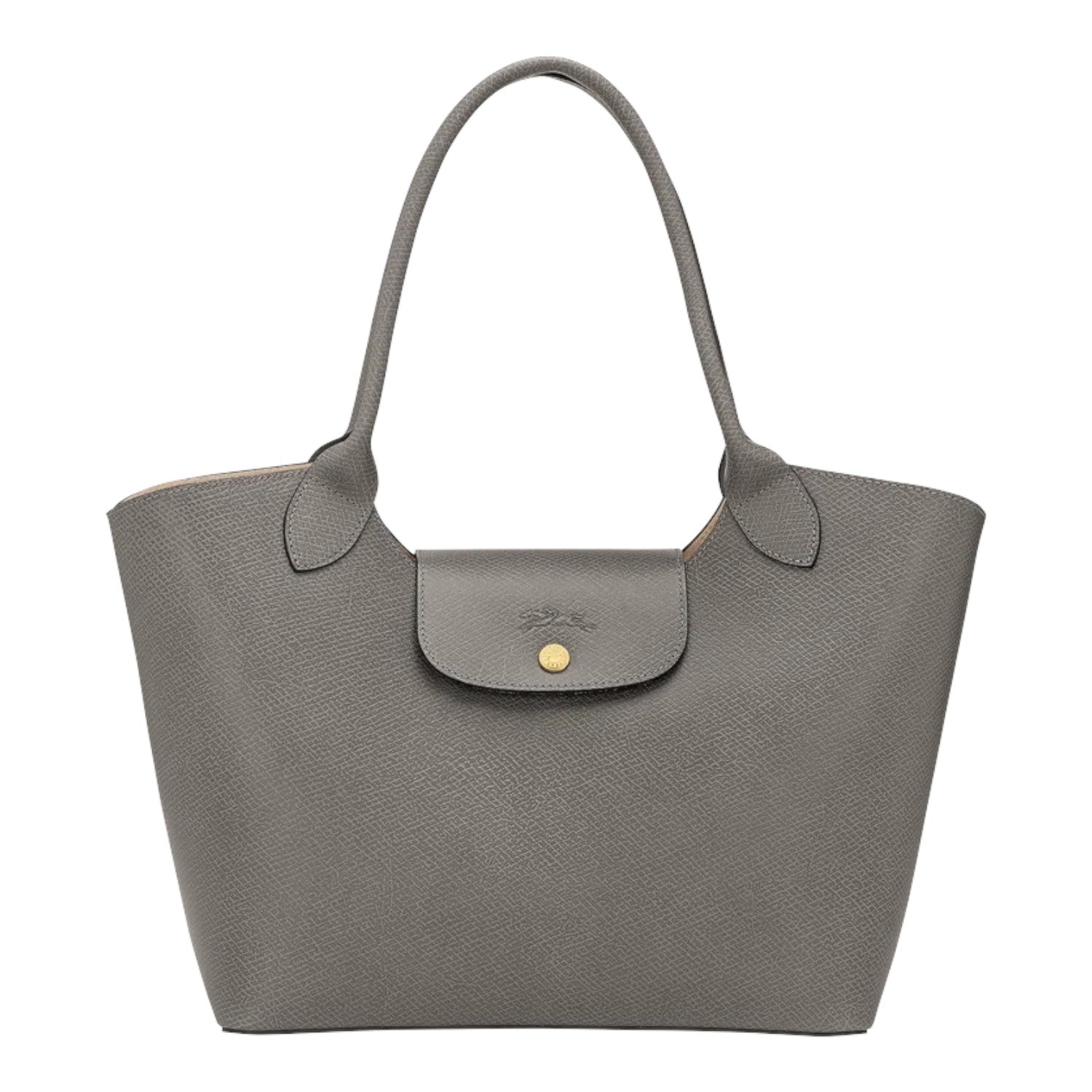 Lieblingstasche Epure Schultertasche L in grey grained leather with a gold-tone snap button closure.