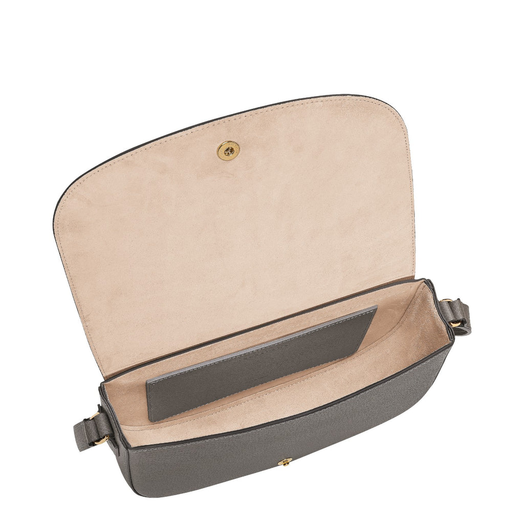 Lieblingstasche Epure M grey leather crossbody bag with gold hardware and beige suede lining