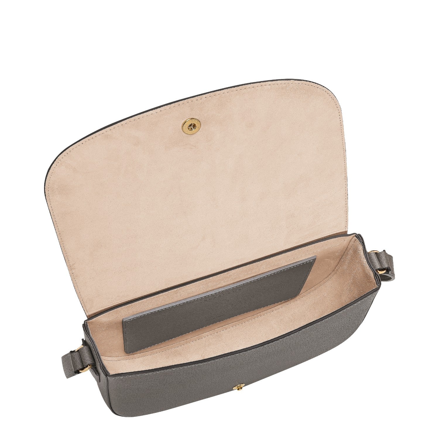 Lieblingstasche Epure M grey leather crossbody bag with gold hardware and beige suede lining