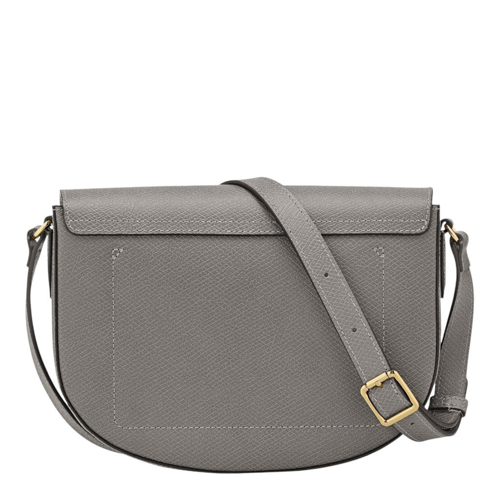 Lieblingstasche Epure M grey leather crossbody bag with adjustable strap and gold buckle.