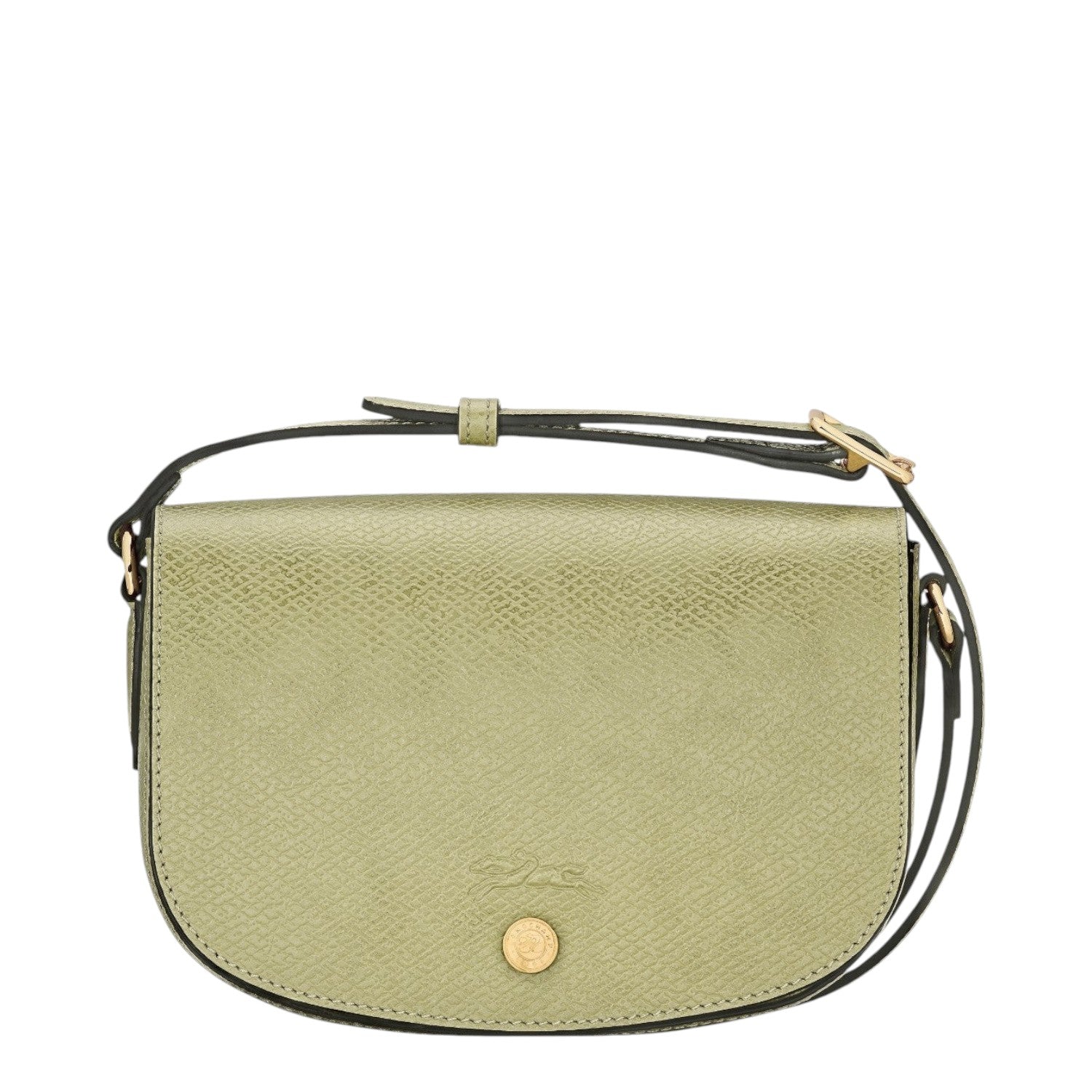 Lieblingstasche Epure S light green textured leather crossbody bag with gold hardware and adjustable strap.