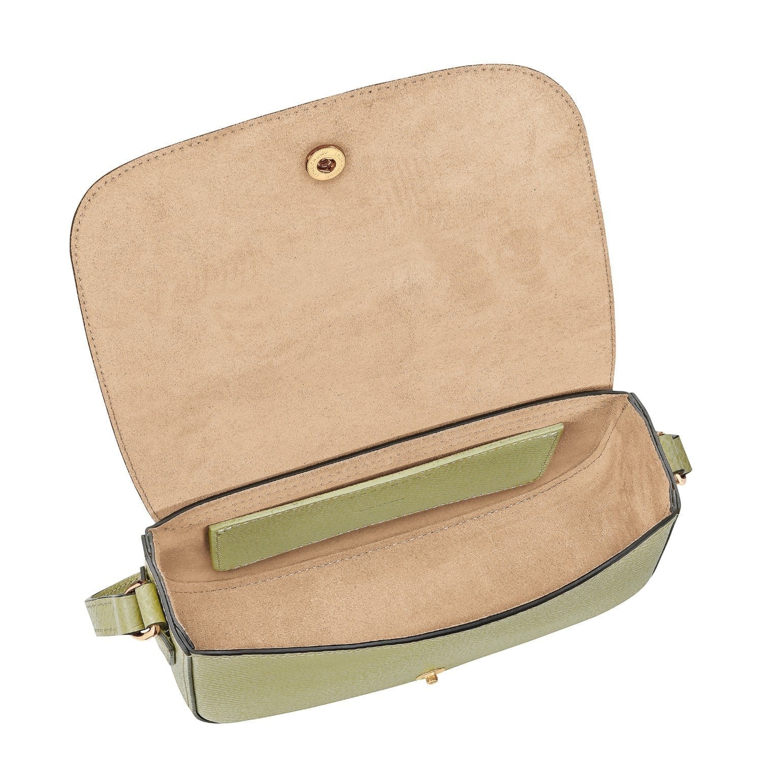 Lieblingstasche Epure S light green leather crossbody bag with gold hardware and suede lining.