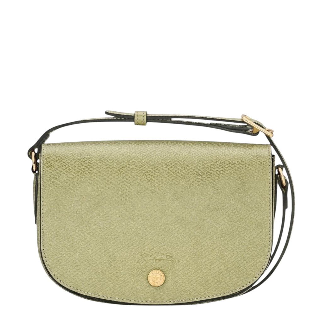 Lieblingstasche Epure S light green textured leather crossbody bag with gold hardware and adjustable strap.