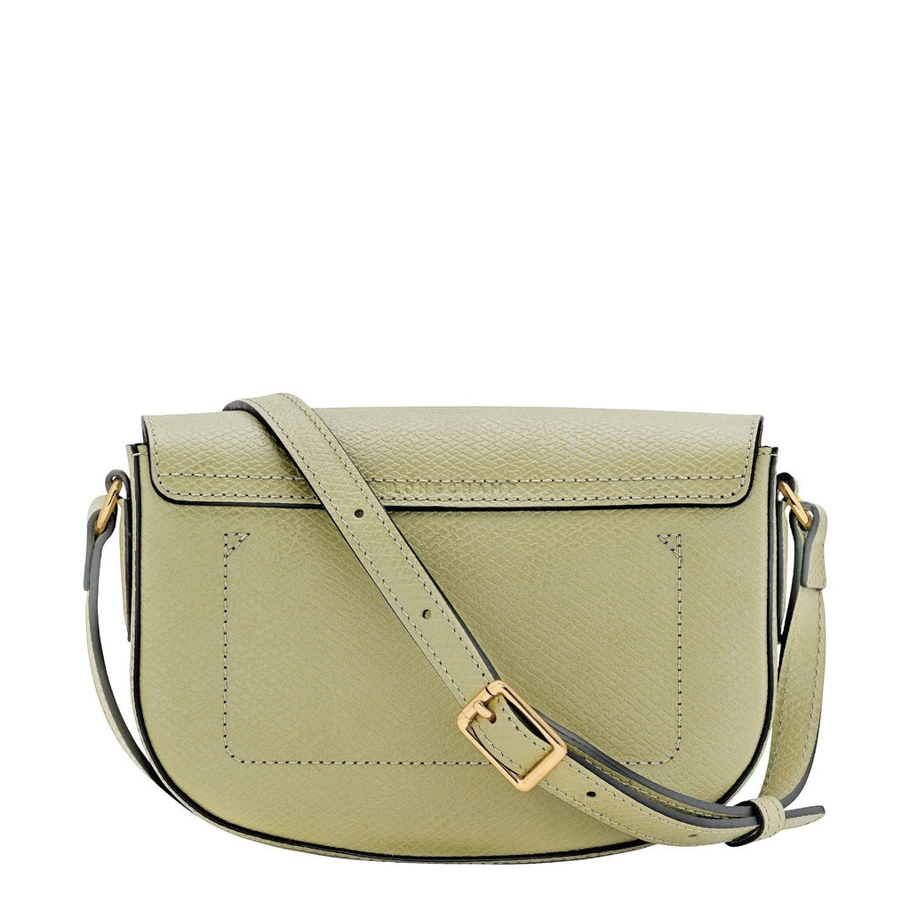 Lieblingstasche Epure S light green textured leather crossbody bag with gold buckle detail.
