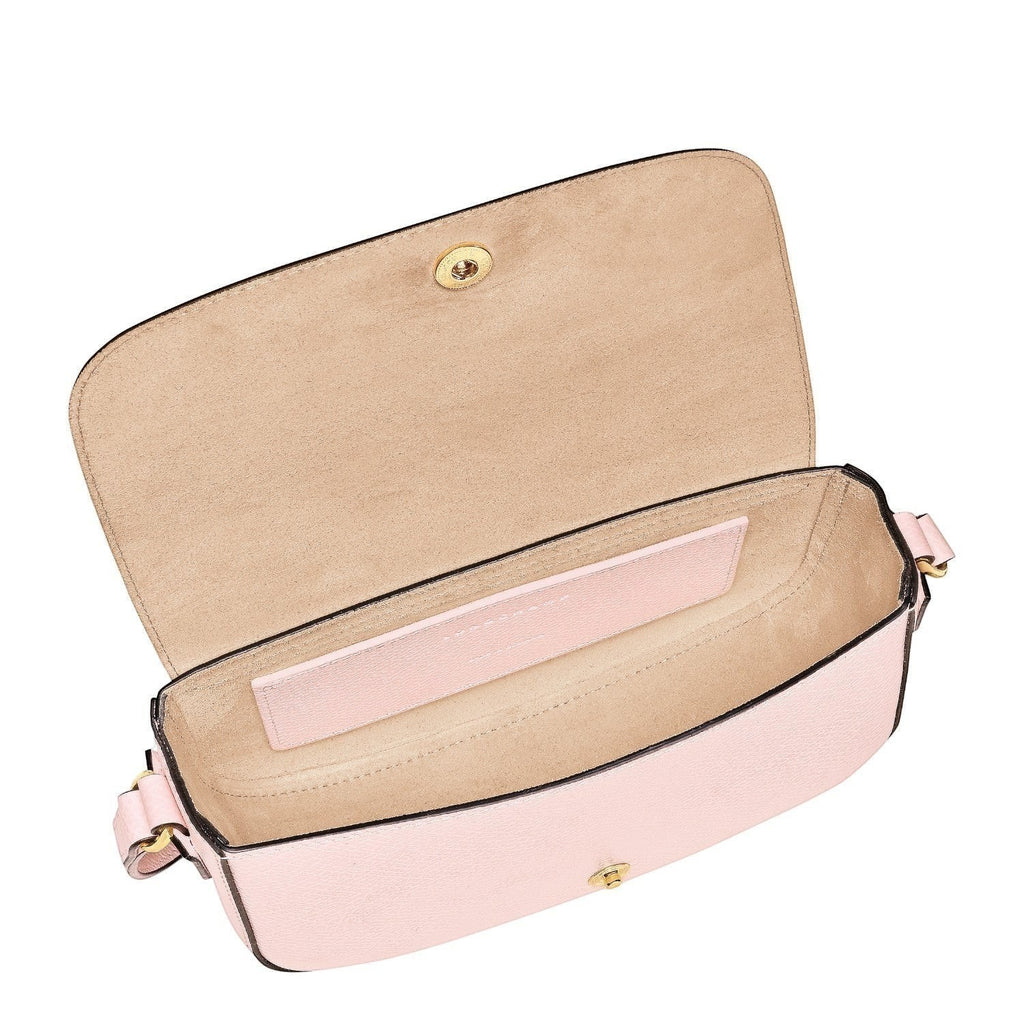 Lieblingstasche Epure S small pink leather crossbody bag with gold hardware and flap closure.