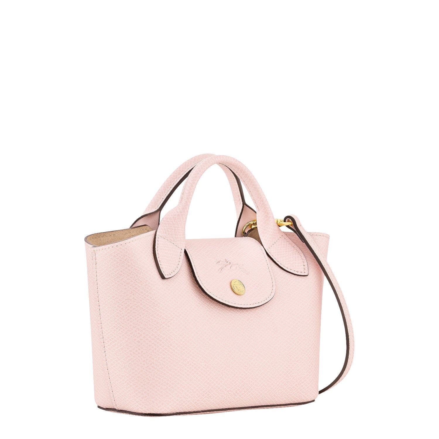 Lieblingstasche Epure Umhängetasche XS, a small pink textured leather handbag with a flap closure and gold hardware.