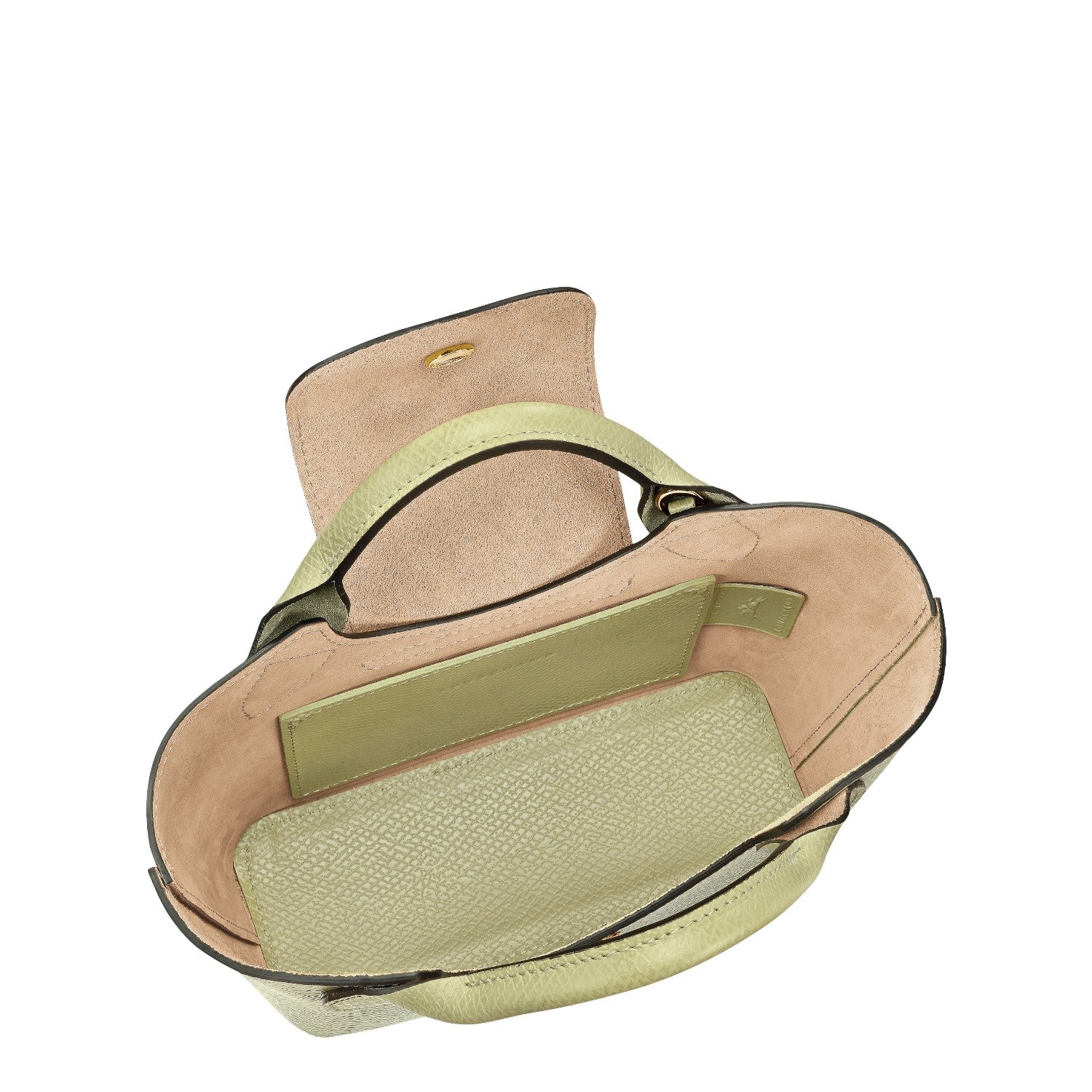 Lieblingstasche Epure XS light green leather crossbody bag with textured interior pockets and top handle.