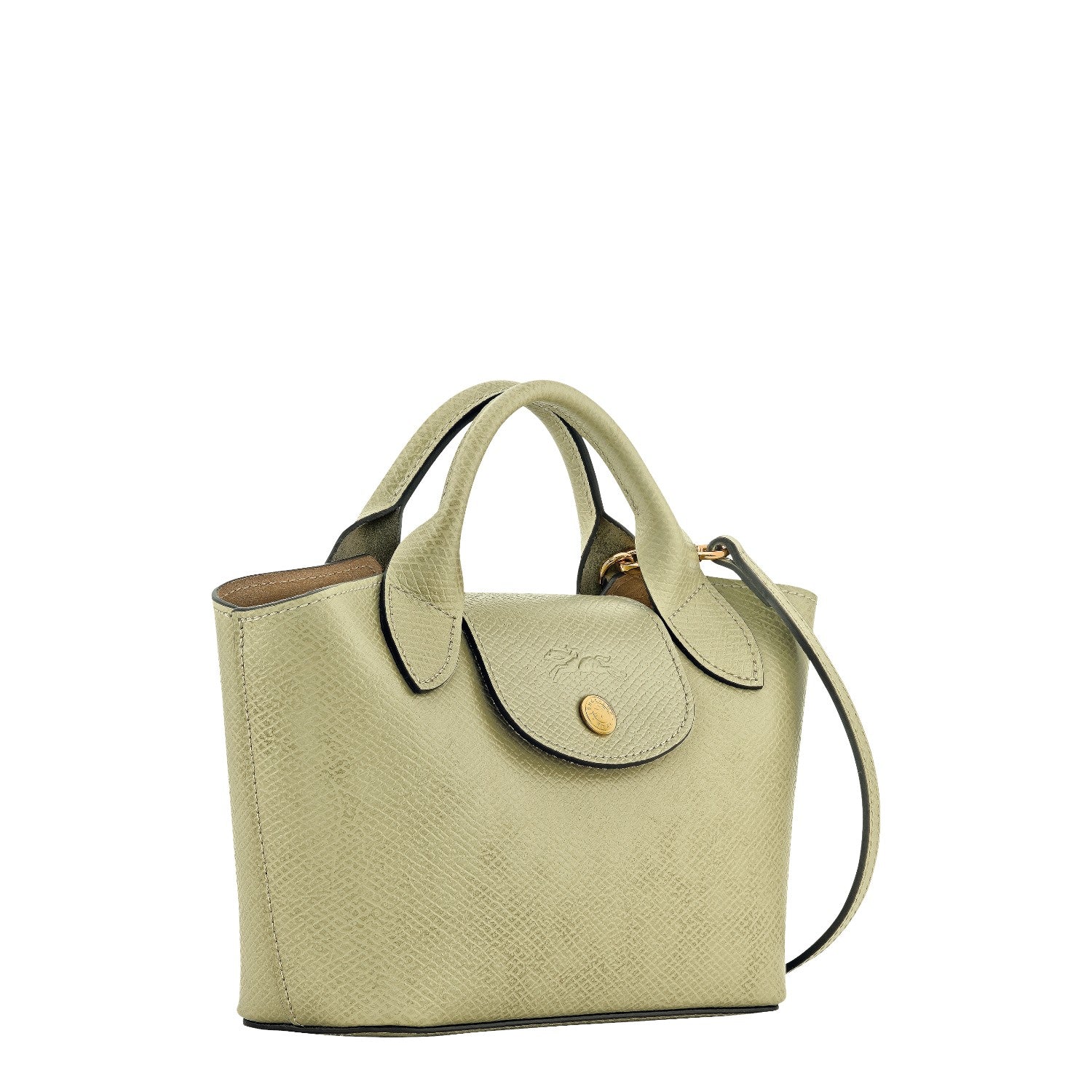 Lieblingstasche Epure XS light green textured leather handbag with gold hardware and embossed logo.