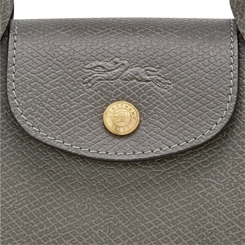Lieblingstasche Epure XS grey leather crossbody bag with embossed horse logo and gold button closure.