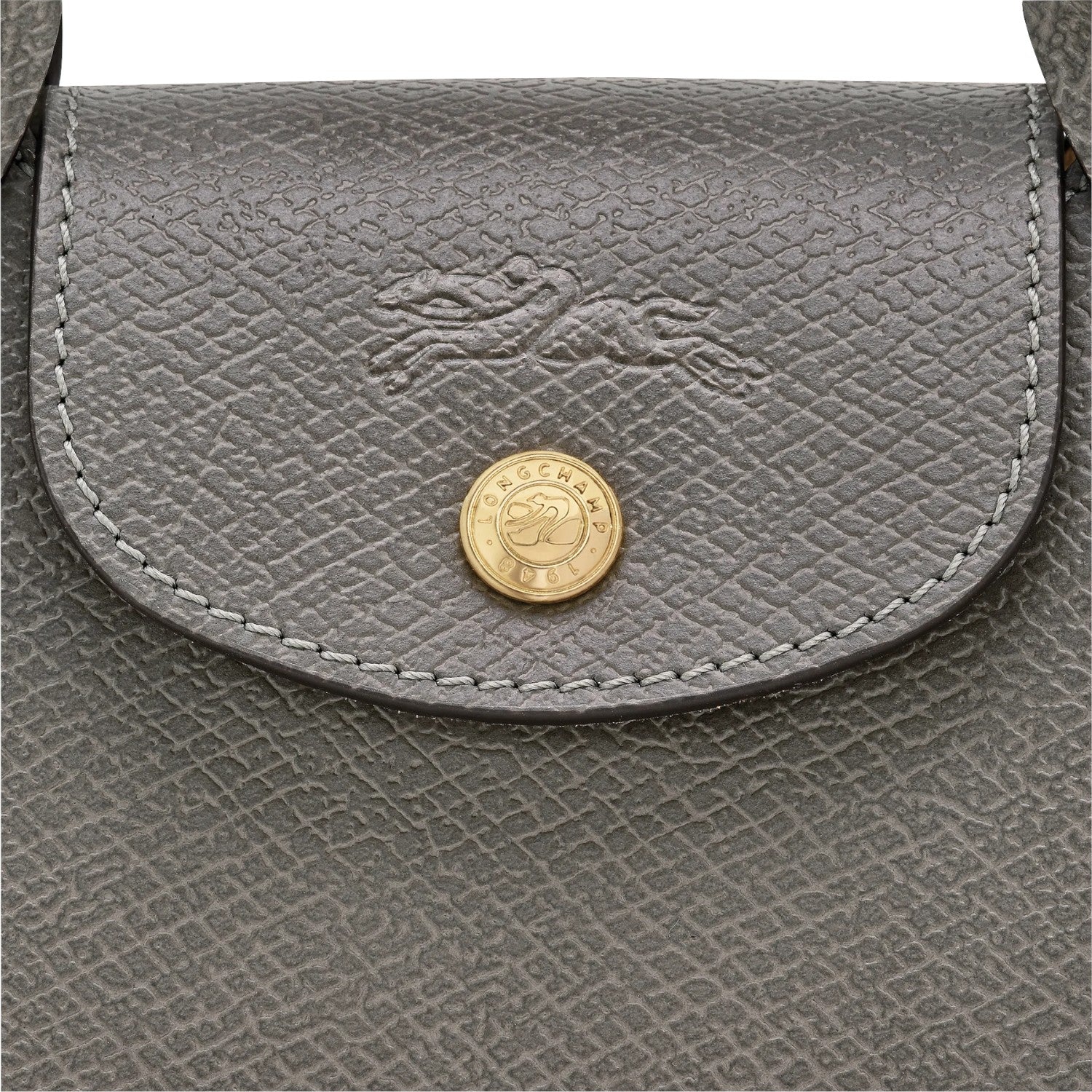 Lieblingstasche Epure XS grey leather crossbody bag with embossed horse logo and gold button closure.