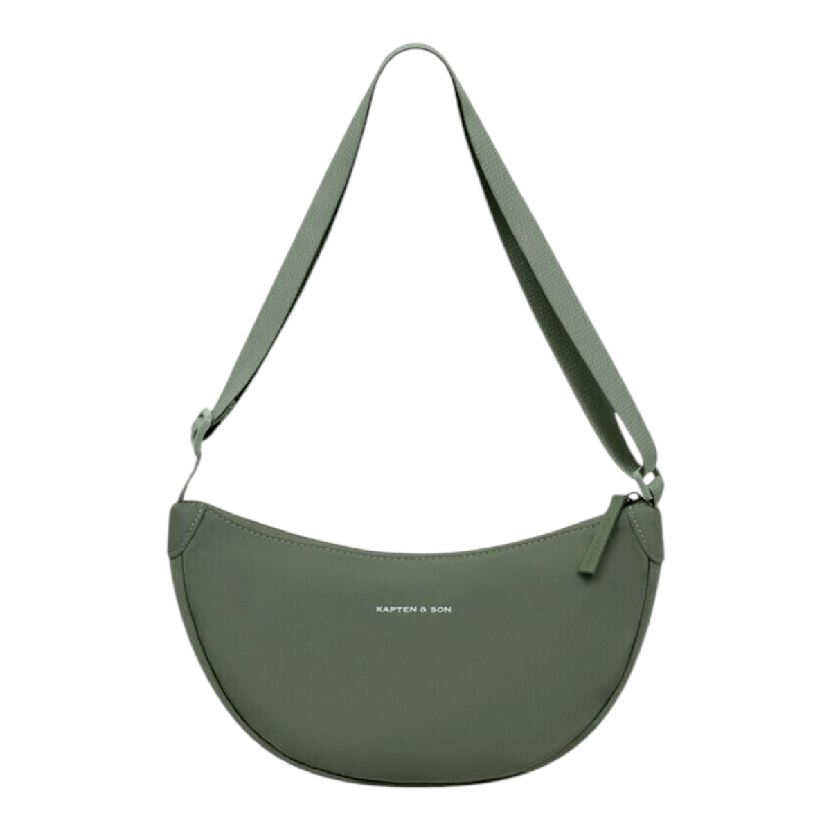 Lieblingstasche Essential Moon Bag in sage green with a curved silhouette and adjustable shoulder strap