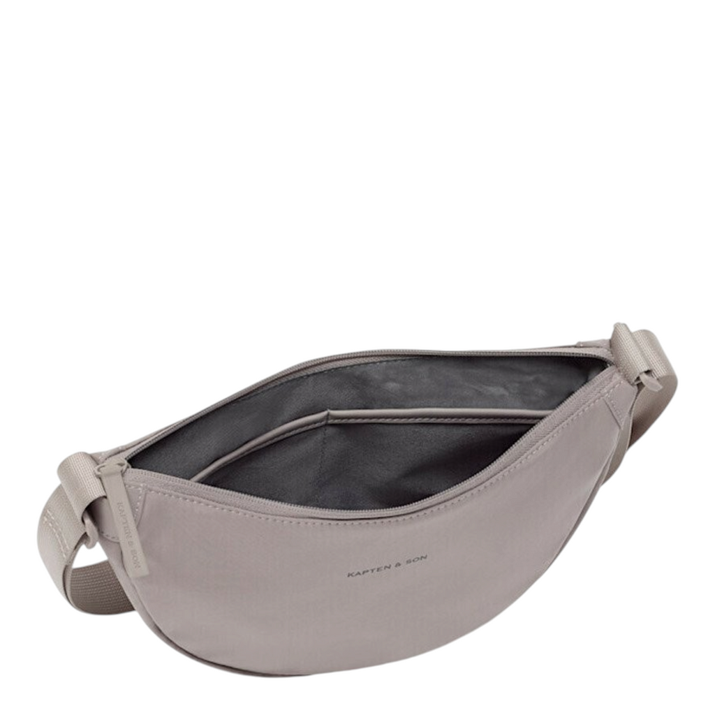 Lieblingstasche Essential Moon Bag in taupe with an open zippered main compartment and interior pocket