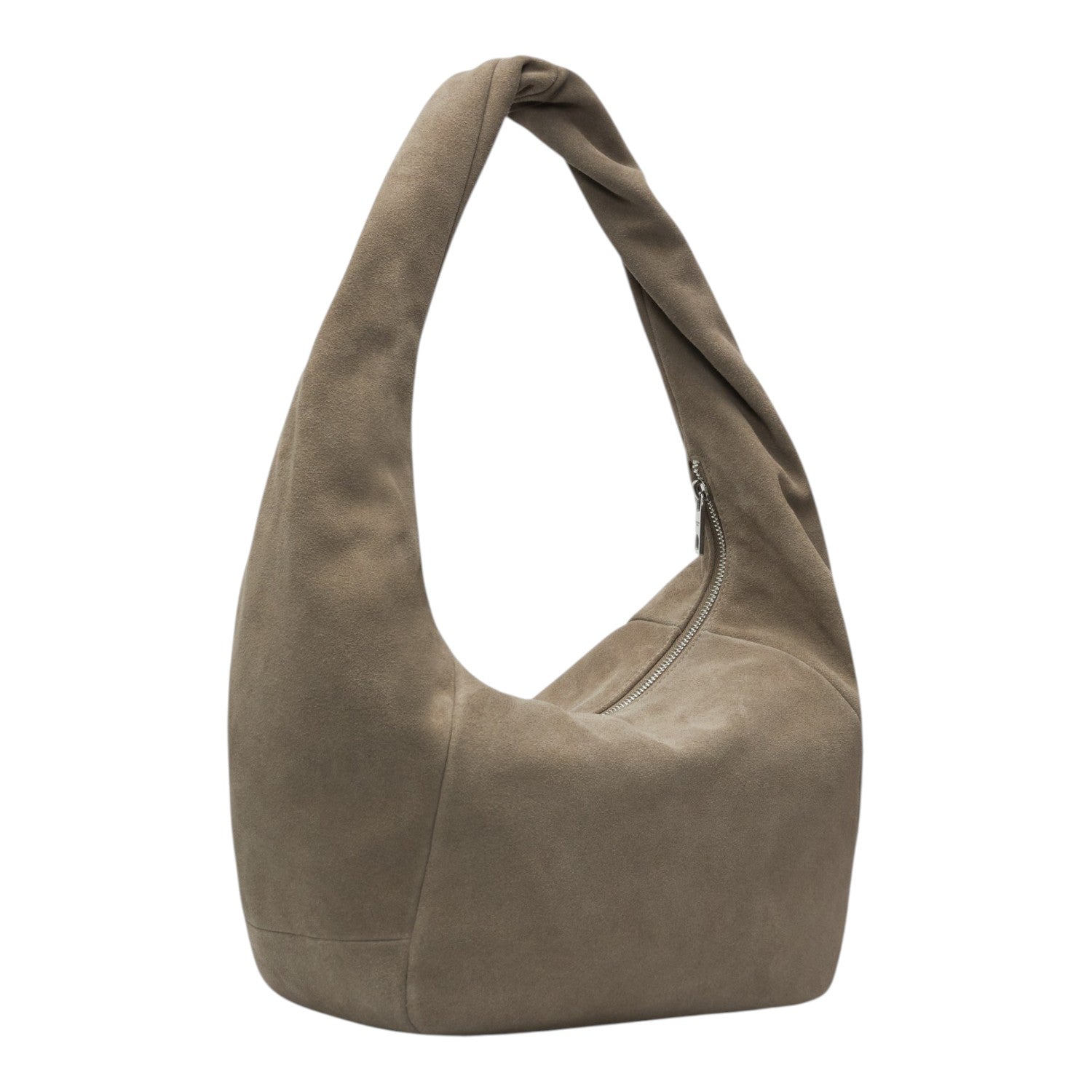 Lieblingstasche Farrah II Hobo M bag in taupe suede leather with a knotted shoulder strap and zip closure