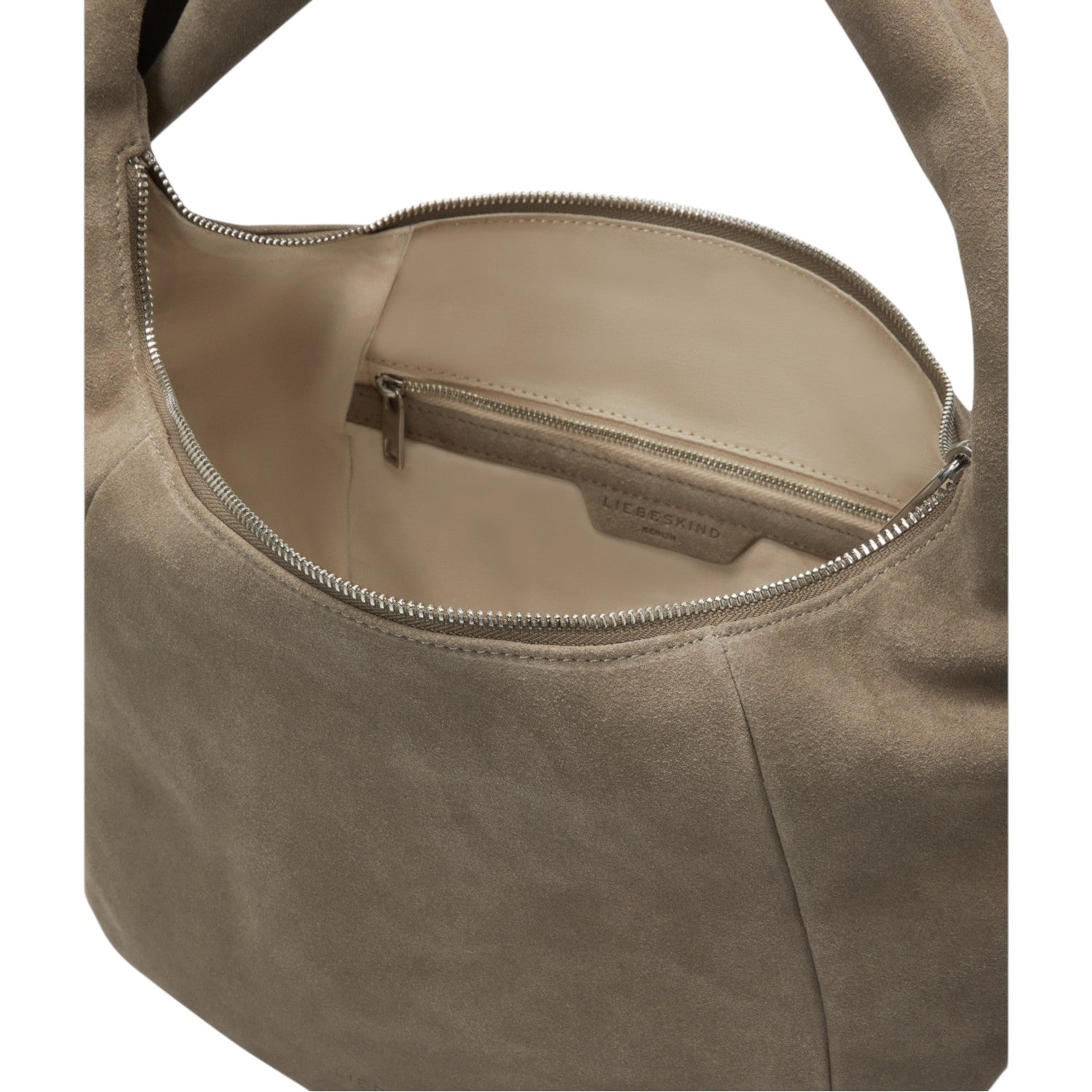 Lieblingstasche Farrah II Hobo M bag in taupe suede with a zippered main compartment and interior pocket