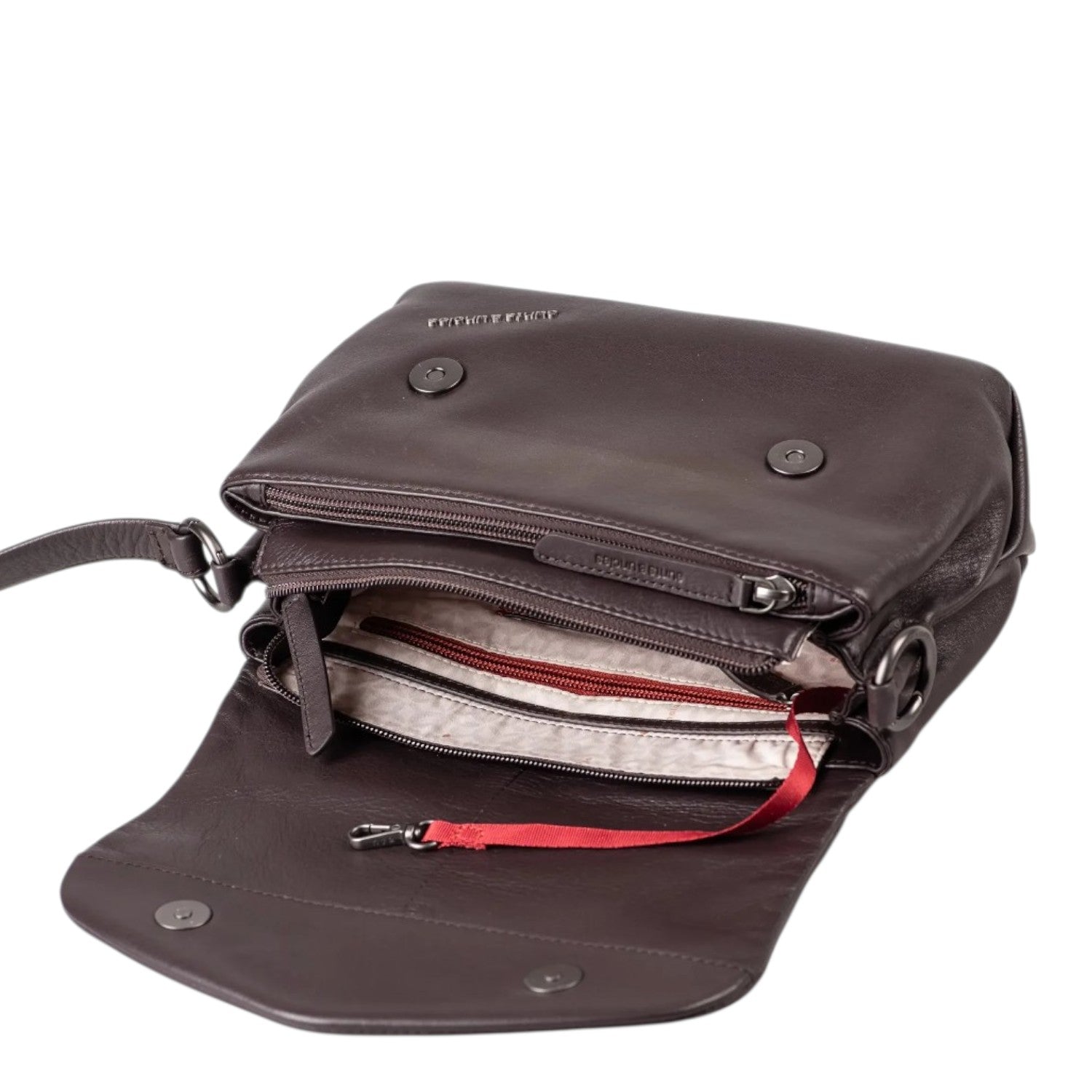 Lieblingstasche Fern dark brown leather crossbody bag with open flap and interior zip compartments