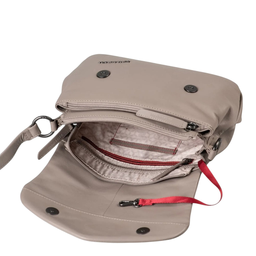 Lieblingstasche Fern taupe leather crossbody bag with open interior, zipper pockets, and red key leash detail