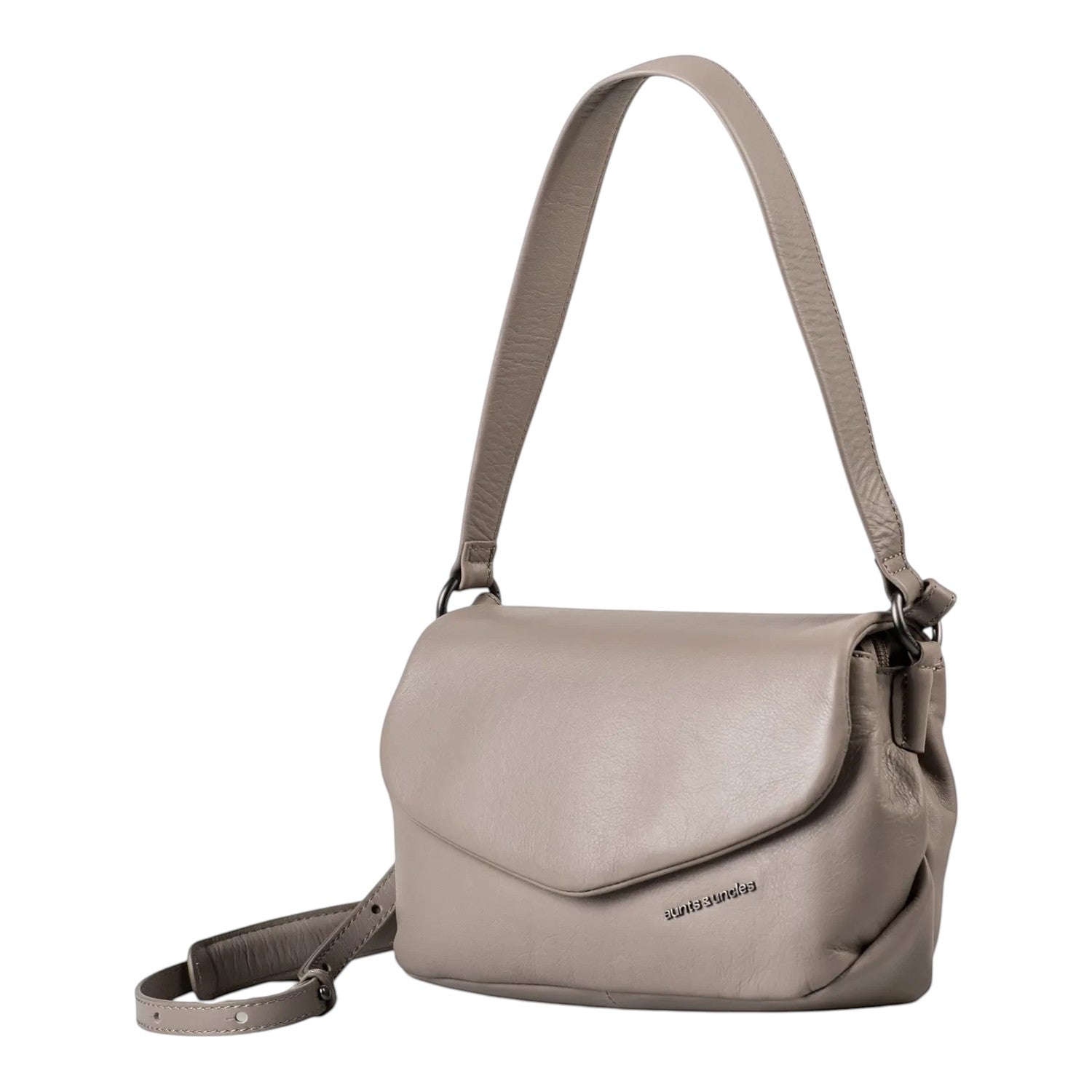 Lieblingstasche Fern taupe leather shoulder bag with a fold-over flap and adjustable strap