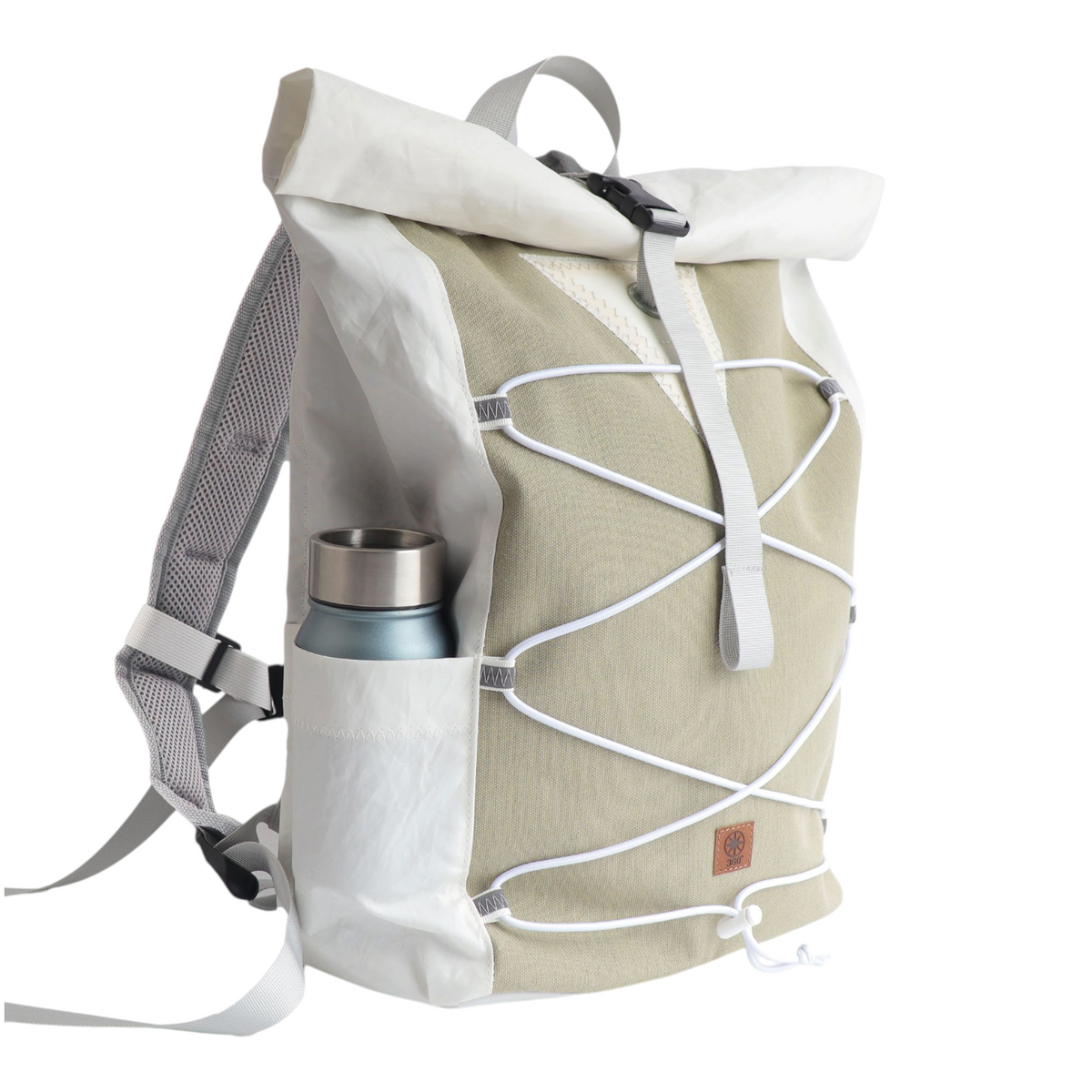 Lieblingstasche Fjord roll-top backpack in beige and white with a side water bottle pocket and bungee cord detail