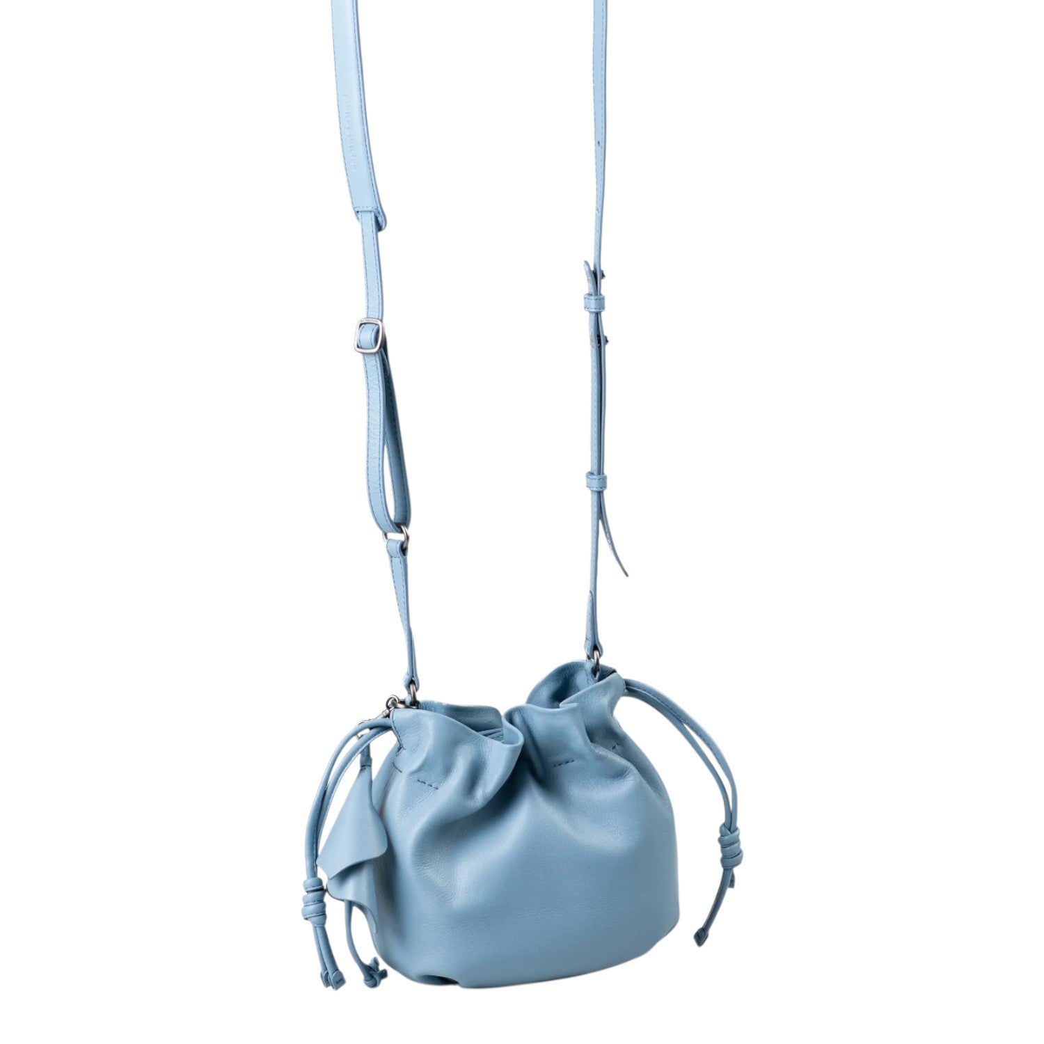 Lieblingstasche Fleur light blue leather drawstring bucket bag with adjustable shoulder strap