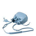 Lieblingstasche Fleur light blue leather bucket bag with a drawstring closure and adjustable shoulder strap.