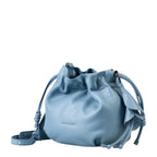 Lieblingstasche Fleur blue leather drawstring bucket bag with ruffled side detail and adjustable shoulder strap