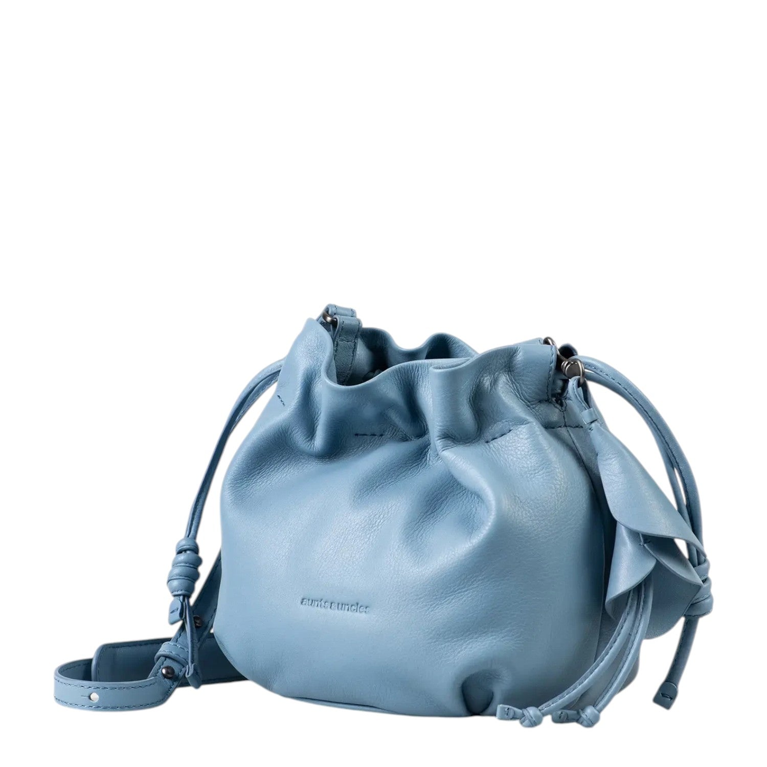 Lieblingstasche Fleur blue leather drawstring bucket bag with ruffled side detail and adjustable shoulder strap