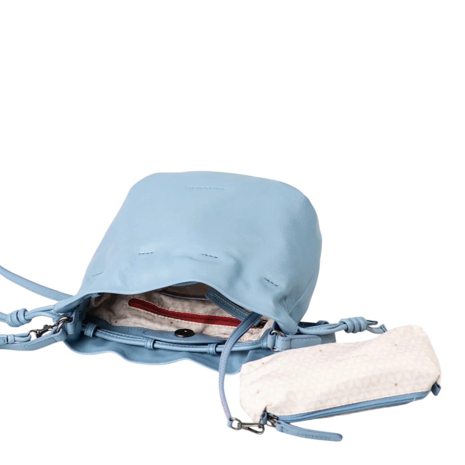 Lieblingstasche Fleur light blue leather bucket bag with an open top and a detachable patterned interior pouch