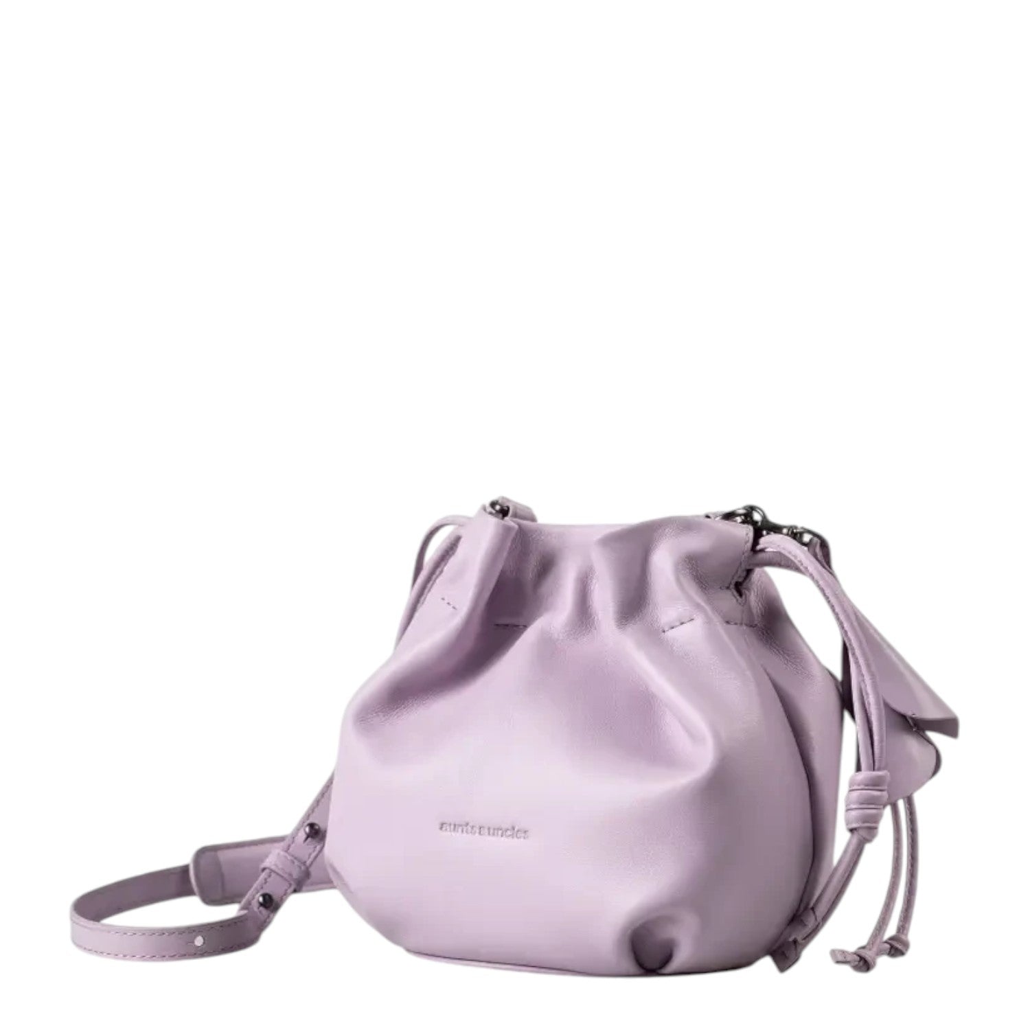 Lieblingstasche Fleur lavender leather drawstring bucket bag with adjustable shoulder strap