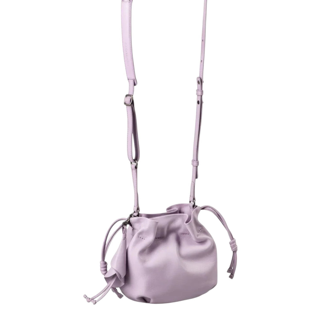 Lieblingstasche Fleur lavender leather drawstring bucket bag with adjustable shoulder strap