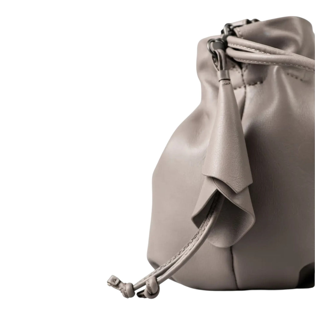 Lieblingstasche Fleur taupe leather drawstring bucket bag with soft folded detailing and dark metal hardware