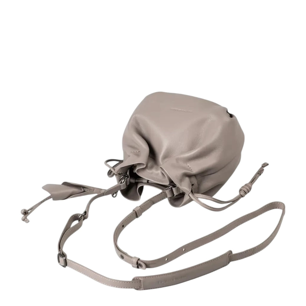 Lieblingstasche Fleur taupe leather bucket bag with a drawstring closure and adjustable shoulder strap